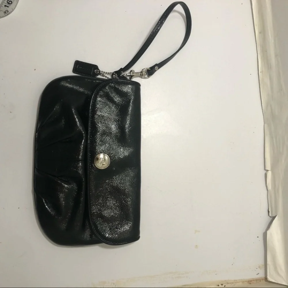 Coach black patent leather wristlet clutch bag